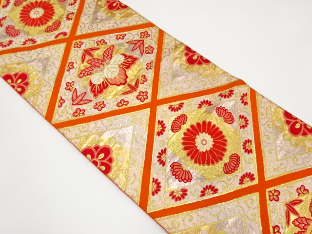 JAPANESE KIMONO / ANTIQUE FUKURO OBI / SILK / WOVEN KIKU & PAULOWNIA